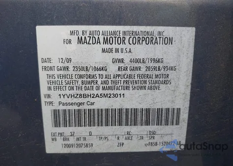 2010 Mazda Mazda6 I Sport z USA, uszkodzony, nr VIN 1YVHZ8BH2A5M23011